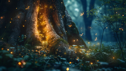 A magical enchanted forest glade featuring a small business reminder template on a glowing firefly-lit tree trunk. - obrazy, fototapety, plakaty