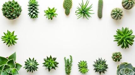 Row of various green cacti against a white background with copy space.