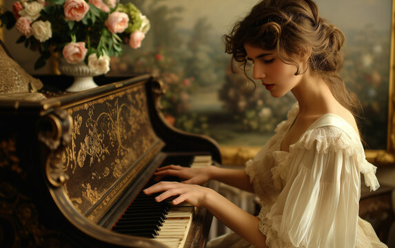 AI-Generated Image of a Young Woman Playing a Piano in a Historical Setting