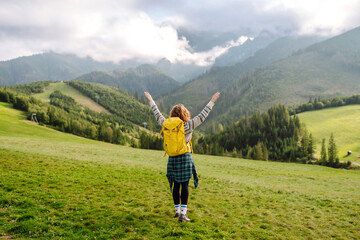 Woman tourist admiring the landscape mountains nature. Tourist traveler on background valley. Hiker...