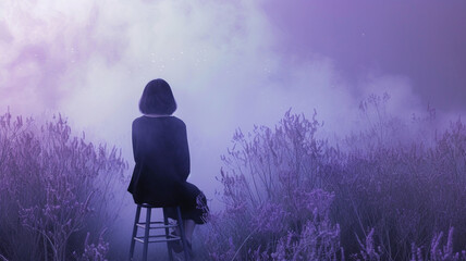 A striking image of a woman seated on a stool, surrounded by an ethereal lavender wall.