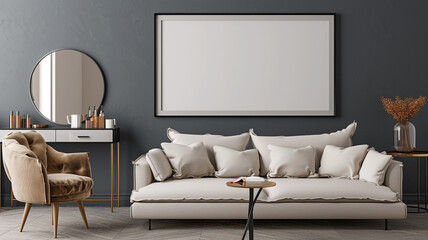 A straightforward and modern bedroom featuring a clean and simple sofa, a sleek dressing table, a cozy chair, and an empty wall frame mockup against a charcoal gray background wall.