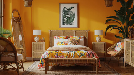 A tropical bohemian paradise bedroom with walls in sunny yellow, featuring an empty frame mockup against a backdrop of vibrant tropical prints and woven rattan furniture. - obrazy, fototapety, plakaty