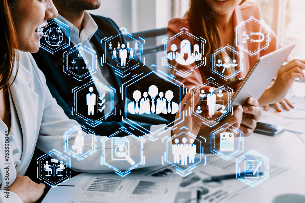Poster human resources recruitment and people networking concept. modern graphic interface showing professi