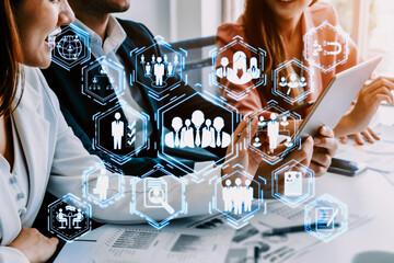 Human Resources Recruitment and People Networking Concept. Modern graphic interface showing...