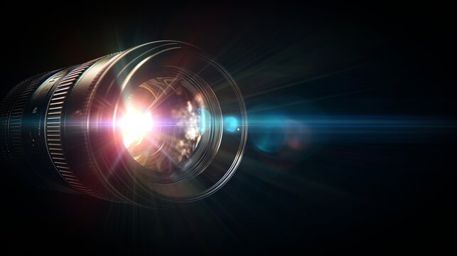Camera lens with a radiant light flare against a dark background, symbolizing creativity and photography concepts.