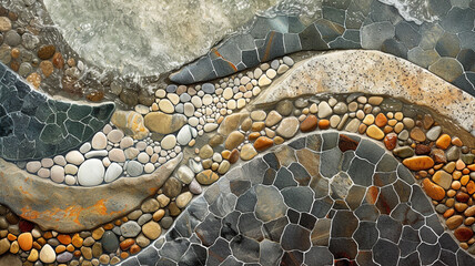 Marble fragments form a mosaic puzzle, reflecting the intricate balance present in Sand on Rocks.