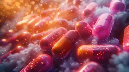 Close-up of various medication capsules in brilliant light. pharmaceutical industry concept illustration. bright colorful healthcare imagery. AI