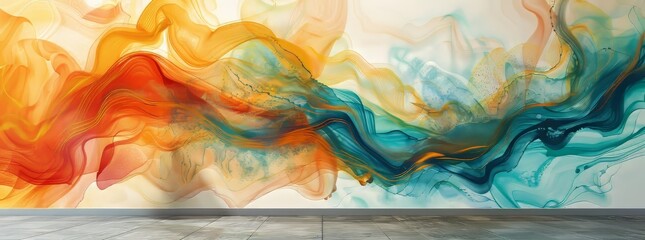 Artistic mural with swirling layers of orange and teal hues, reminiscent of a vibrant sunset over the ocean. - obrazy, fototapety, plakaty