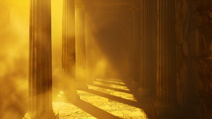 Mysterious foggy hallway with classical architecture columns, evoking intrigue and antiquity. digital art. AI