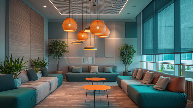 Subdued jade lighting in a tranquil meeting area, where colleagues discuss ideas surrounded by calming decor and soft, comfortable seating arrangements.