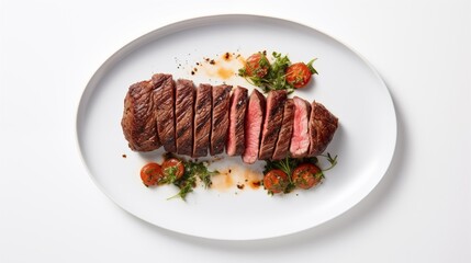 PRIME NY STRIP, on a white round plate, on a white background, top view