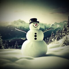 Obraz premium Snowman Winter Landscape Snow snow. Snowman in a winter landscape, adorned with a black hat and red scarf