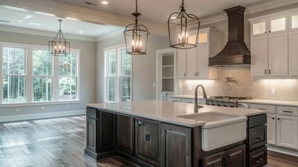 Kitchen Interior with Island, Sink, Cabinets, and Hardwood Floors in New Luxury Home. Features Elegant Pendant Light Fixtures, and Farmhouse Sink next to Window