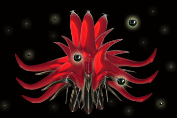 Abstrakte leuchtende rote form mit glaskugeln Fraktal Surreal Digital Art Illustration Kunst Hintergrund Background