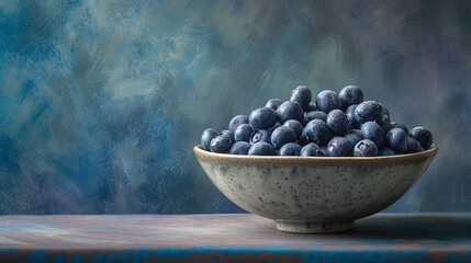Plump Blueberries in a Vintage Ceramic Bowl - Ripe Blueberry Fruit with Juicy Appearance Against Textured Background with Vibrant Blue Color Contrasts with Copy Space