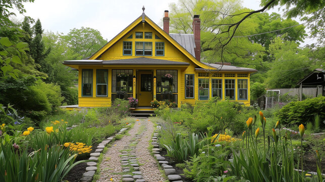 A craftsman style house painted in a bright lemon yellow, with a backyard that includes a butterfly conservatory and a pebble mosaic sidewalk. The photo captures the liveliness of a spring day.