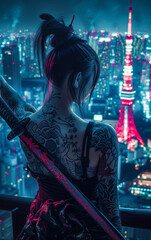 AI-Generated Image: Beautiful Young Female Samurai with Katana