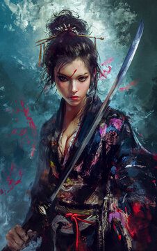 AI-Generated Image: Beautiful Young Female Samurai with Katana