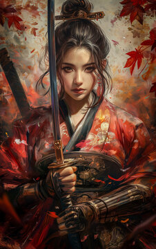 AI-Generated Image: Beautiful Young Female Samurai with Katana