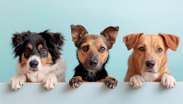 light turquoise background, three adorable dogs of different breeds. Generated by artificial intelligence.