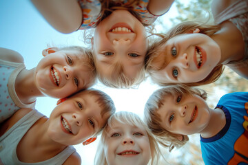 A group portrait of happy kids huddling, looking down at camera and smiling. Low angle, view from below. Friendship concept