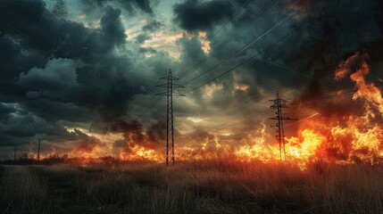 Burning dry grass in a park glade under a stormy sky, with power lines standing stark against the dark clouds. - obrazy, fototapety, plakaty