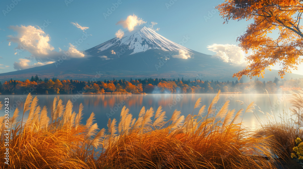 Wall mural morning view of mount fuji with kokia bushes in autumn colors from oishi park, yamanashi prefecture,