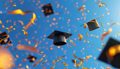 celebratory graduation caps thrown in the air with confetti on a blue background