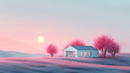 An illustration of a house in the distance. Backcountry retreat concept in a small detached house, life slows down for a while