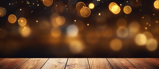 Wooden Table with Abstract Blurred Lights Background - obrazy, fototapety, plakaty