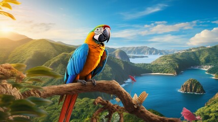 Macaw yellow belly multi-colored parrot sitting on a branch against the backdrop of the sea and mountains in nature