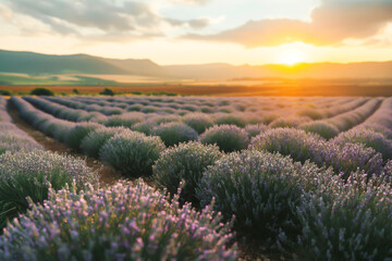 Beautiful lavender field at sunset - obrazy, fototapety, plakaty