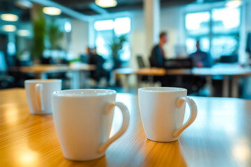 Fototapeta premium Background from cups of coffee or tea on the table in the office in the background with office workers