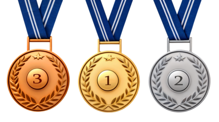 Sports medals (gold, silver, bronze) on a transparent background