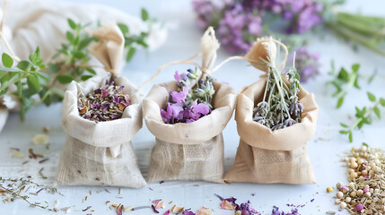 the aromatic properties of herbs by arranging them in sachets for drawer fresheners - obrazy, fototapety, plakaty