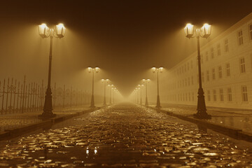 Enigmatic Fog-Enshrouded Cobblestone Alley Under Evening Streetlamps