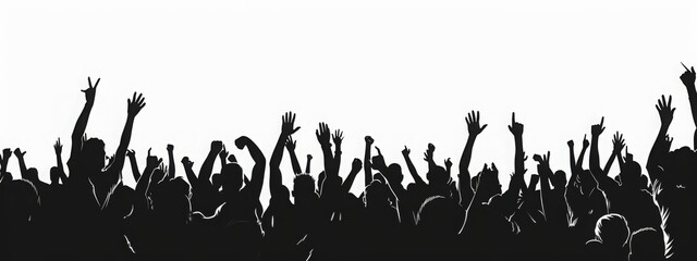 Silhouette of crowd fans cheering at concert or sport event on white background. Audience with raised hands enjoying music festival or football, soccer, basketball match. Nightlife, entertainment