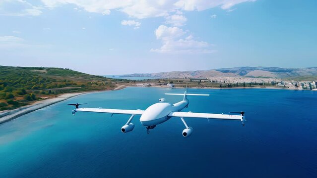 A battle war drone flying in the sky is controlled by a war ground control station. These drones were extensively used in the Russia-Ukraine war in 2022 as kamikaze drones. AI-generated.