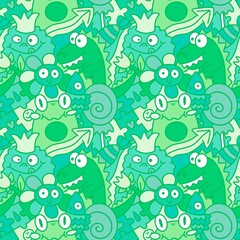 Naklejka premium Cartoon animals doodle animals monsters seamless frogs and flower and dinosaur and fish pattern for wrapping paper