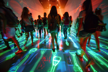 a group of students on a field trip with a virtual guide, glowing footprints leading them to points of interest.