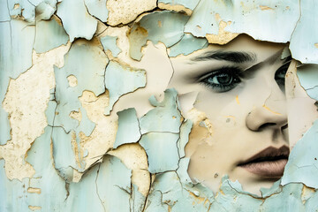 Abstract old wrinkled grunge ripped torn placard posters background. Remains of torn poster with woman face on wall
