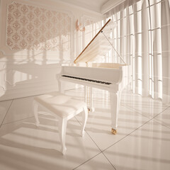 Luxurious White Grand Piano in an Opulent Sunlit Room with Ornate Decor