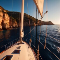 View from the deck of a luxury yacht with view of the ocean, luxury nautical lifestyle - obrazy, fototapety, plakaty
