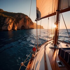 View from the deck of a luxury yacht with view of the ocean, luxury nautical lifestyle - obrazy, fototapety, plakaty