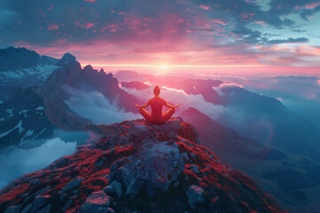 a yoga pose atop a mountain with a drone capturing the moment, the drone’s light creating a glowing aura around the practitioner. - obrazy, fototapety, plakaty