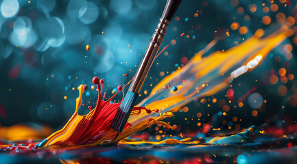 An art brush lies against a black backdrop, its bristles exploding in a burst of colorful pigments - obrazy, fototapety, plakaty