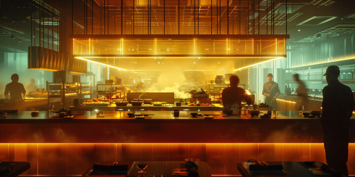 a restaurant with an interactive table that glows with the journey of the ingredients from the farm to the plate, tracing the path with illuminated lines.