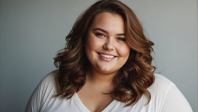 Young Beautiful Plus Size Model Woman Smiling Confident Studio Setting