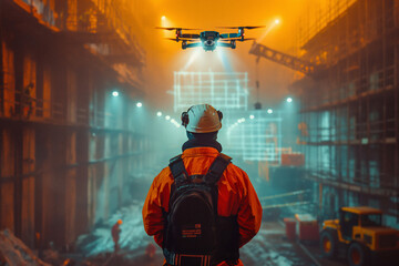 a construction worker operating a drone for surveying a site, with the drone's path illuminated and construction plans projected in mid-air. - obrazy, fototapety, plakaty